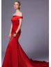 Off Shoulder Red Satin Simple Evening Dress